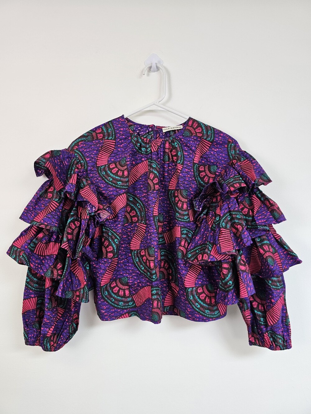 Ulla Johnson Tulia Tiered Riffle Sleeve Cropped Blouse Bold Print